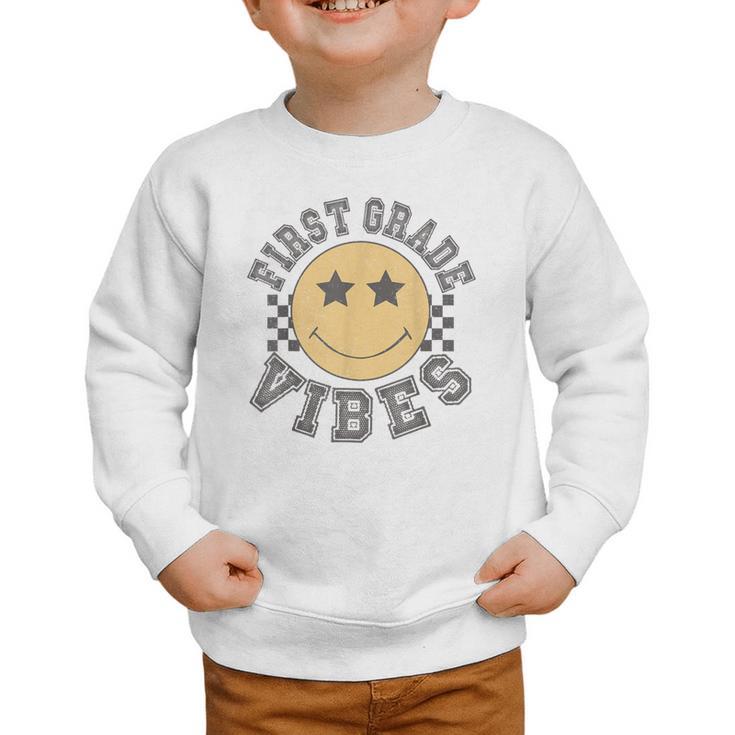 Retro First Grade Vibes Smile Face Back To School 1st Grade Graphic Toddler Sweatshirt