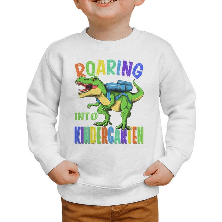 Roaring Into Kindergarten Dinosaur T Rex Back To School Boys Performance Graphic Toddler Sweatshirt