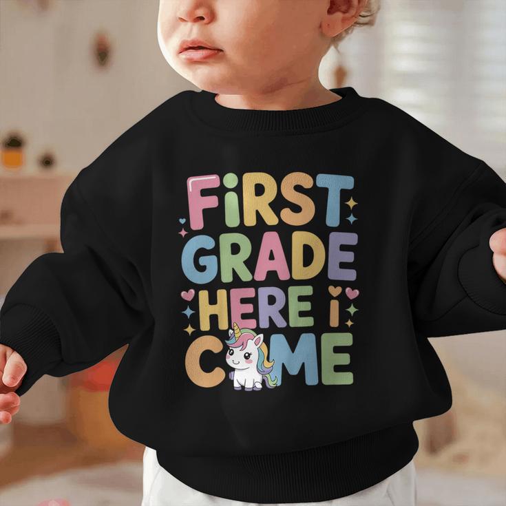 First Grade Here I Come Unicorn Back To School Graphic Toddler Sweatshirt First Grade Here I Come Unicorn Back To School Graphic Toddler Sweatshirt