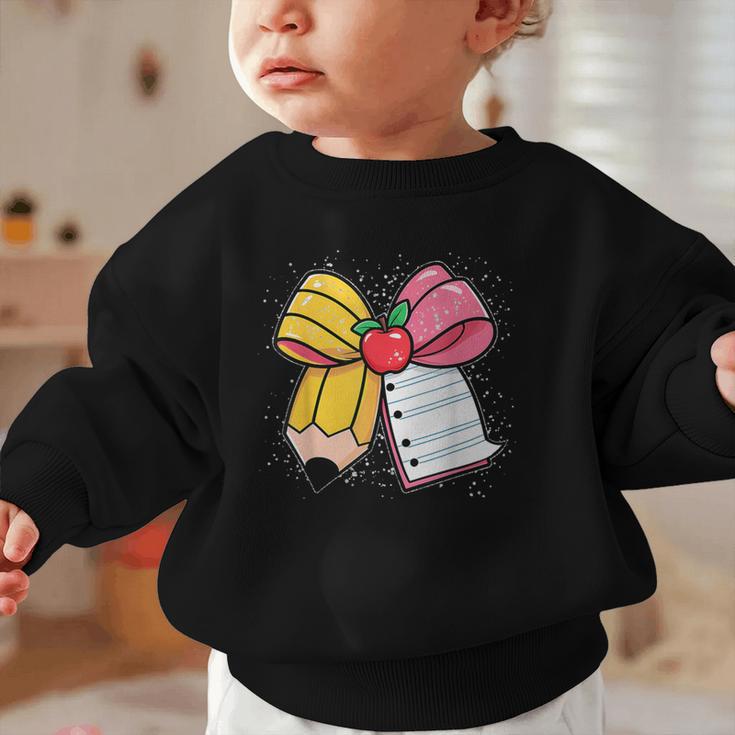 Pencil Coquette Bow Happy First Day Of School Back To School Graphic Toddler Sweatshirt Pencil Coquette Bow Happy First Day Of School Back To School Graphic Toddler Sweatshirt