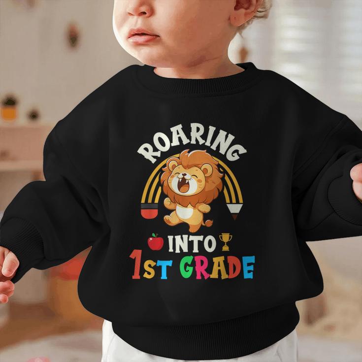 Roaring Into First Grade Lion 1st Grade Back To School Graphic Toddler Sweatshirt Roaring Into First Grade Lion 1st Grade Back To School Graphic Toddler Sweatshirt