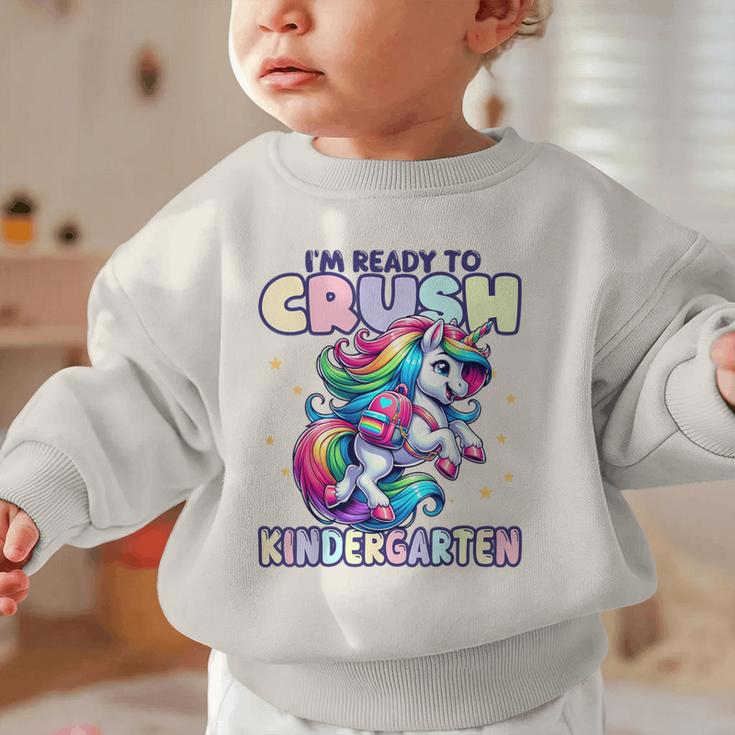 Crush Kindergarten Girls Back To School Unicorn First Day Graphic Toddler Sweatshirt Crush Kindergarten Girls Back To School Unicorn First Day Graphic Toddler Sweatshirt