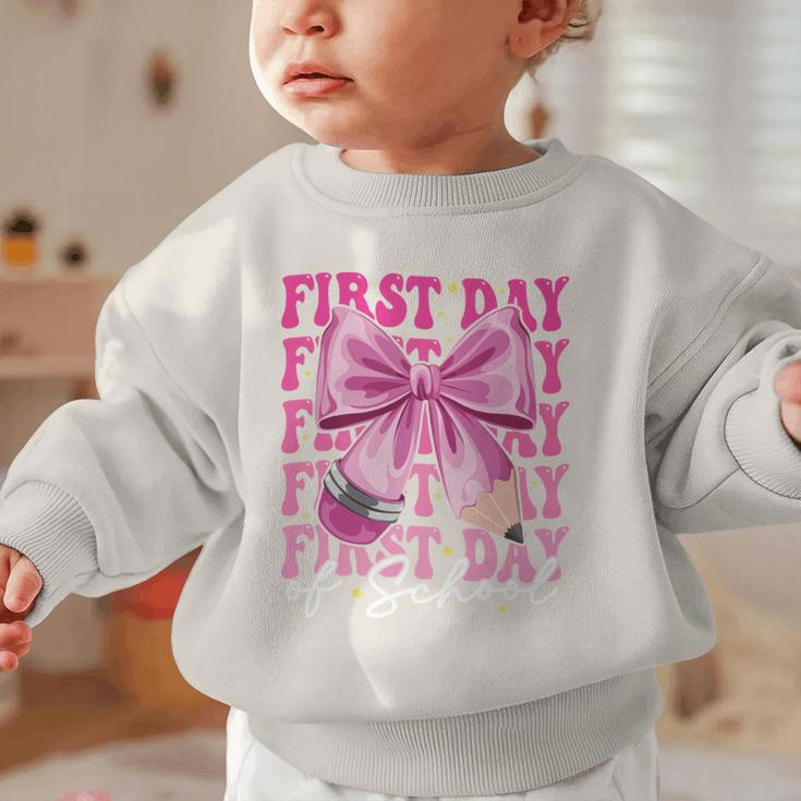 First Day Of School Girls Coquette Bow Back To School Performance Graphic Toddler Sweatshirt First Day Of School Girls Coquette Bow Back To School Performance Graphic Toddler Sweatshirt
