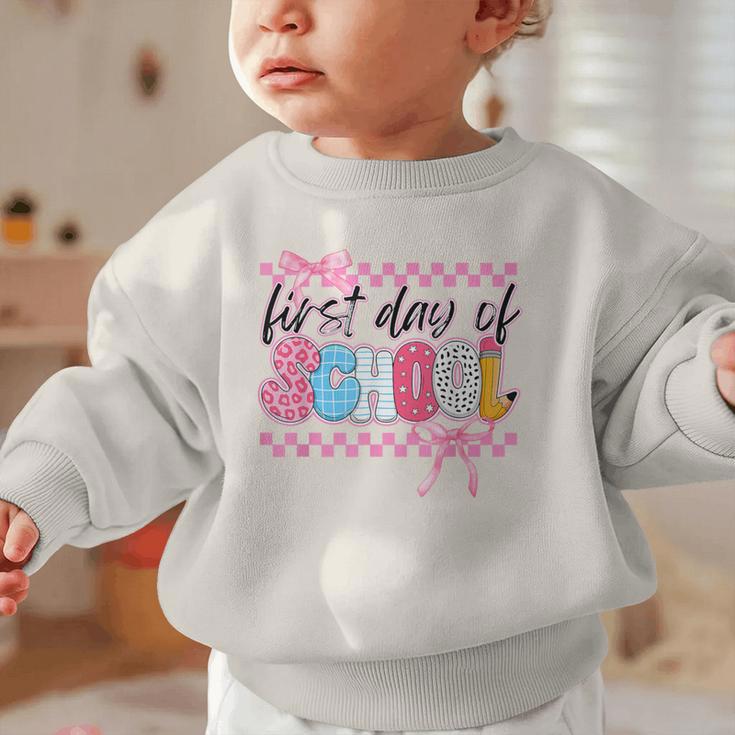 Girl First Day Of School Coquette Bow Pink Back To School Graphic Toddler Sweatshirt