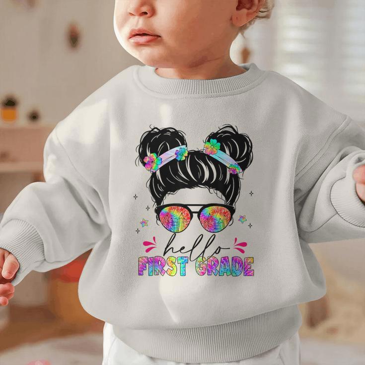 Hello First Grade Shirt Messy Bun Tie Dye Back To School Graphic Toddler Sweatshirt Hello First Grade Shirt Messy Bun Tie Dye Back To School Graphic Toddler Sweatshirt