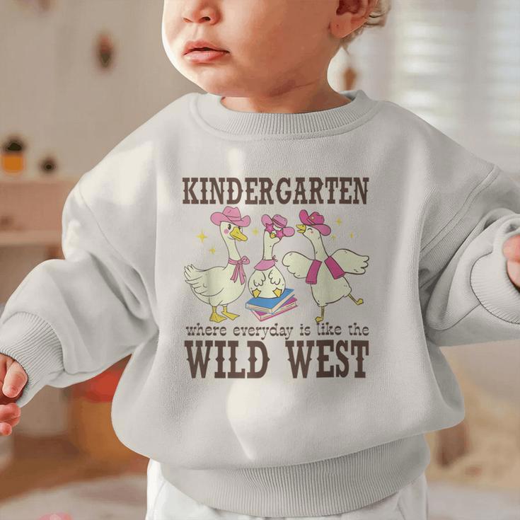 Kindergarten Wild West Goose Cowboy Goose Back To School Graphic Toddler Sweatshirt Kindergarten Wild West Goose Cowboy Goose Back To School Graphic Toddler Sweatshirt