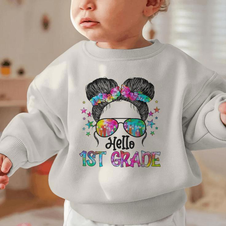 Messy Hair Bun Girl Back To School First Day Hello 1st Grade Graphic Toddler Sweatshirt Messy Hair Bun Girl Back To School First Day Hello 1st Grade Graphic Toddler Sweatshirt