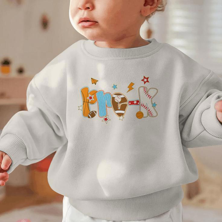 Pre K Preschool Football Basketball Baseball Back To School Graphic Toddler Sweatshirt Pre K Preschool Football Basketball Baseball Back To School Graphic Toddler Sweatshirt