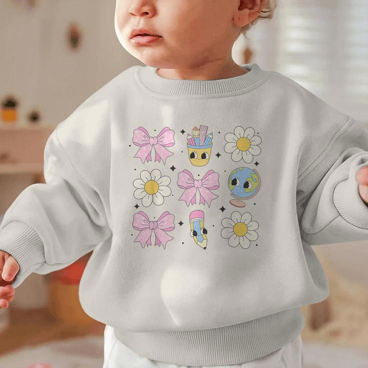 Retro Groovy Back To School Coquette First Day Of School Graphic Toddler Sweatshirt Retro Groovy Back To School Coquette First Day Of School Graphic Toddler Sweatshirt