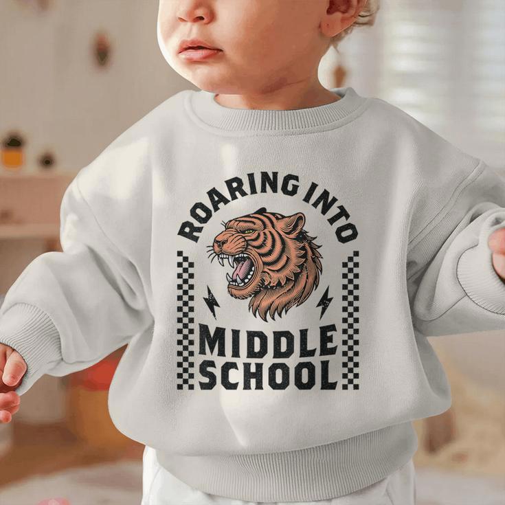 Roaring Into Middle School Tiger Back To School Boy Girl Kid Graphic Toddler Sweatshirt