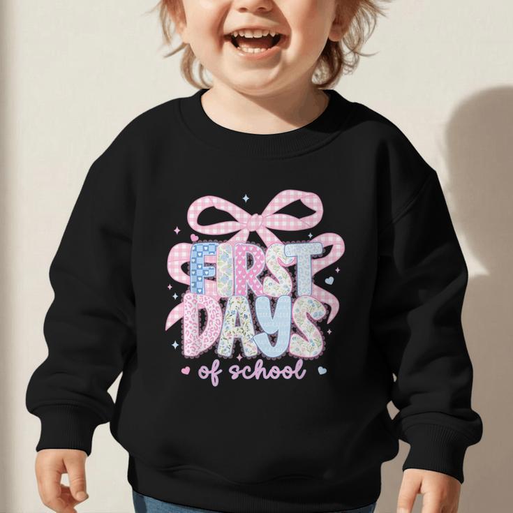 Coquette Bow Happy First Day Of School Back To School Retro Graphic Toddler Sweatshirt Coquette Bow Happy First Day Of School Back To School Retro Graphic Toddler Sweatshirt