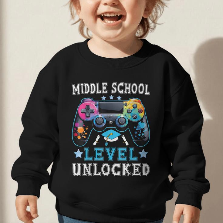 Middle School Level Unlocked Gamer First Day Back To School Graphic Toddler Sweatshirt Middle School Level Unlocked Gamer First Day Back To School Graphic Toddler Sweatshirt
