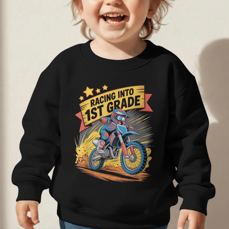 Motocross Dirt Bike Back To School Racing Into 1st Grade Graphic Toddler Sweatshirt