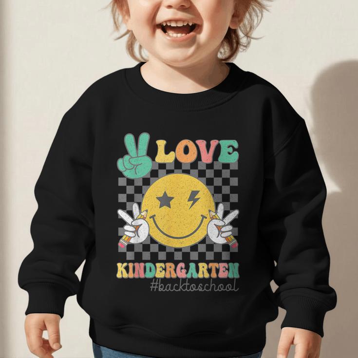 Peace Love Kindergarten Smile Face Hippie Back To School Graphic Toddler Sweatshirt Peace Love Kindergarten Smile Face Hippie Back To School Graphic Toddler Sweatshirt