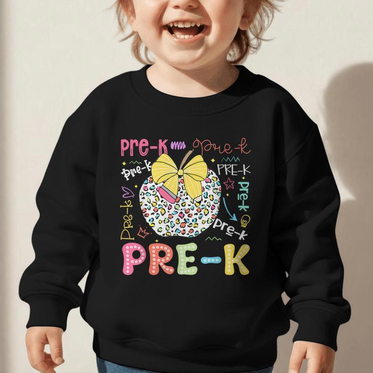 Pre-K Typography First Day Back To School Leopard Apple Graphic Toddler Sweatshirt Pre-K Typography First Day Back To School Leopard Apple Graphic Toddler Sweatshirt