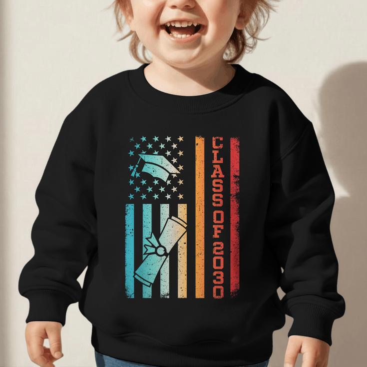 Vintage Class Of 2030 Graduation Back To School USA Flag Graphic Toddler Sweatshirt Vintage Class Of 2030 Graduation Back To School USA Flag Graphic Toddler Sweatshirt