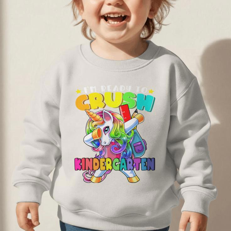 Crush Kindergarten Dabbing Unicorn Back To School Girls Performance Graphic Toddler Sweatshirt