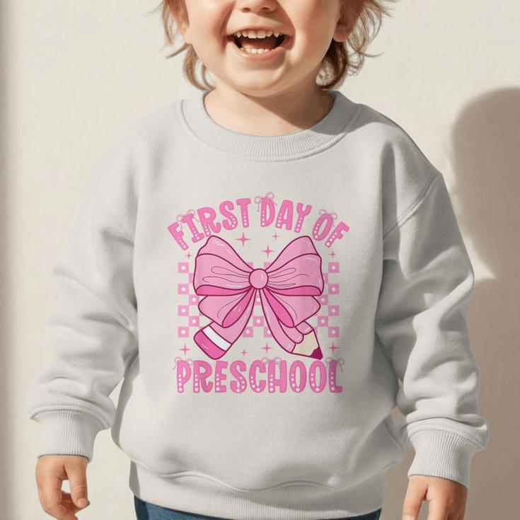 First Day Of Preschool Coquette Bow Back To School Girls Graphic Toddler Sweatshirt First Day Of Preschool Coquette Bow Back To School Girls Graphic Toddler Sweatshirt