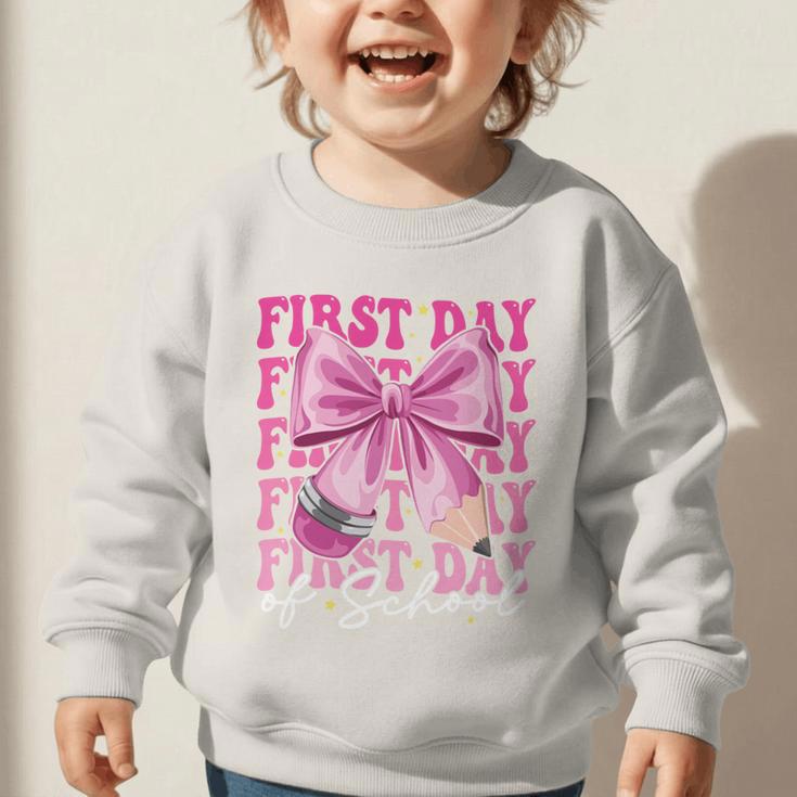 First Day Of School Girls Coquette Bow Back To School Performance Graphic Toddler Sweatshirt First Day Of School Girls Coquette Bow Back To School Performance Graphic Toddler Sweatshirt