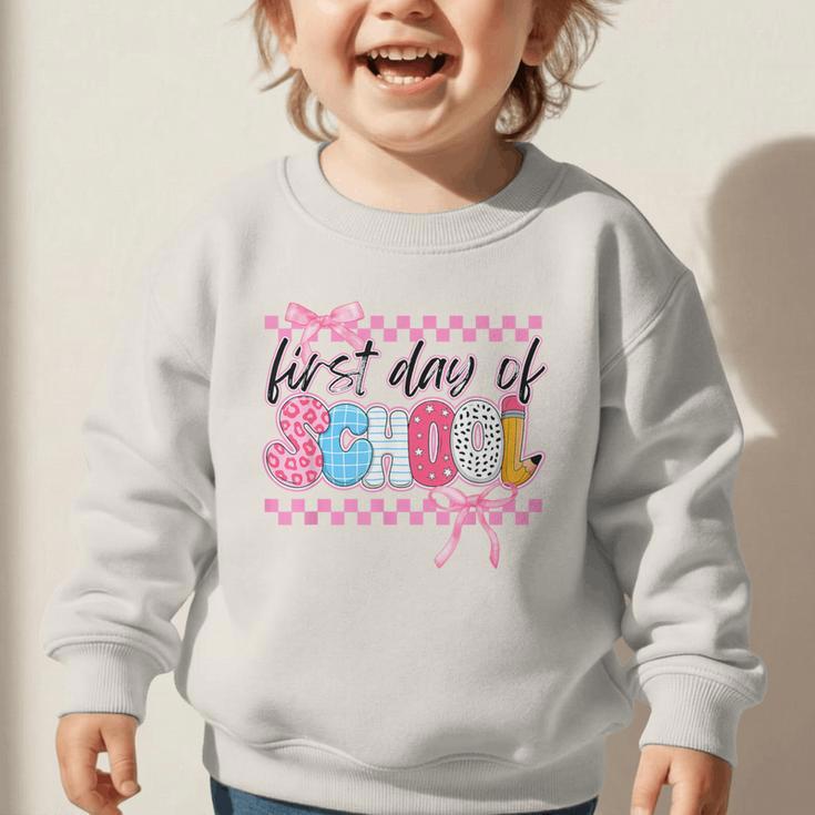 Girl First Day Of School Coquette Bow Pink Back To School Graphic Toddler Sweatshirt