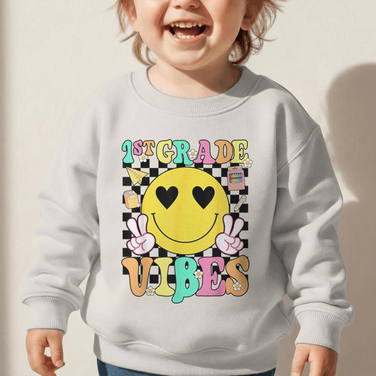 Girls 1st Grade Vibes Smile Face Back To School First Grade Graphic Toddler Sweatshirt Girls 1st Grade Vibes Smile Face Back To School First Grade Graphic Toddler Sweatshirt