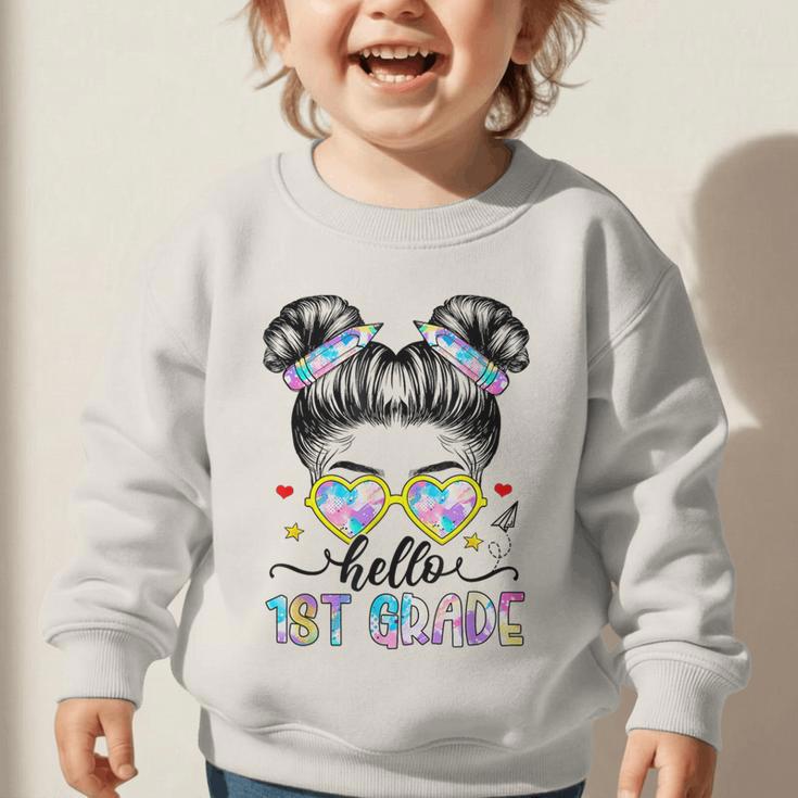 Hello 1st Grade Messy Bun Girl Back To School First Day Graphic Toddler Sweatshirt