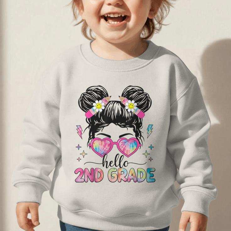 Hello 2nd Grade Messy Bun Girl Back To School First Day Graphic Toddler Sweatshirt Hello 2nd Grade Messy Bun Girl Back To School First Day Graphic Toddler Sweatshirt
