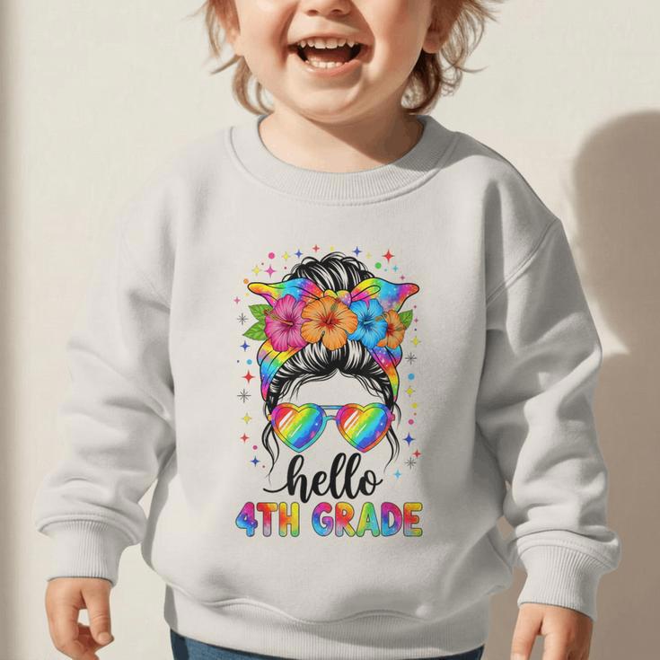 Hello 4th Grade Messy Bun Girls Back To School First Day Graphic Toddler Sweatshirt Hello 4th Grade Messy Bun Girls Back To School First Day Graphic Toddler Sweatshirt