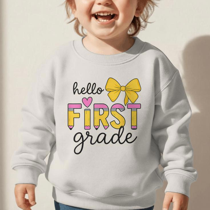 Hello First Grade For Girls Boys Cute Back To School Pencil Graphic Toddler Sweatshirt Hello First Grade For Girls Boys Cute Back To School Pencil Graphic Toddler Sweatshirt