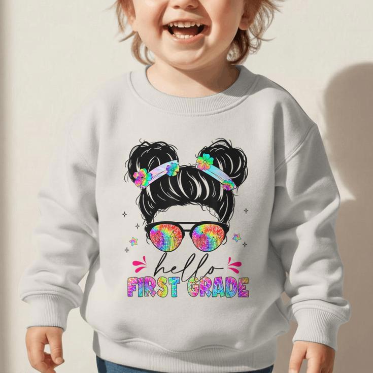 Hello First Grade Shirt Messy Bun Tie Dye Back To School Graphic Toddler Sweatshirt Hello First Grade Shirt Messy Bun Tie Dye Back To School Graphic Toddler Sweatshirt