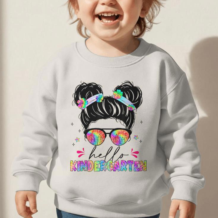 Hello Kindergarten Shirt Messy Bun Tie Dye Back To School Graphic Toddler Sweatshirt Hello Kindergarten Shirt Messy Bun Tie Dye Back To School Graphic Toddler Sweatshirt