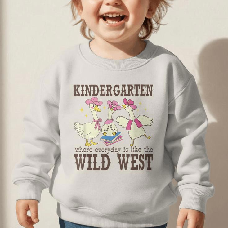 Kindergarten Wild West Goose Cowboy Goose Back To School Graphic Toddler Sweatshirt Kindergarten Wild West Goose Cowboy Goose Back To School Graphic Toddler Sweatshirt