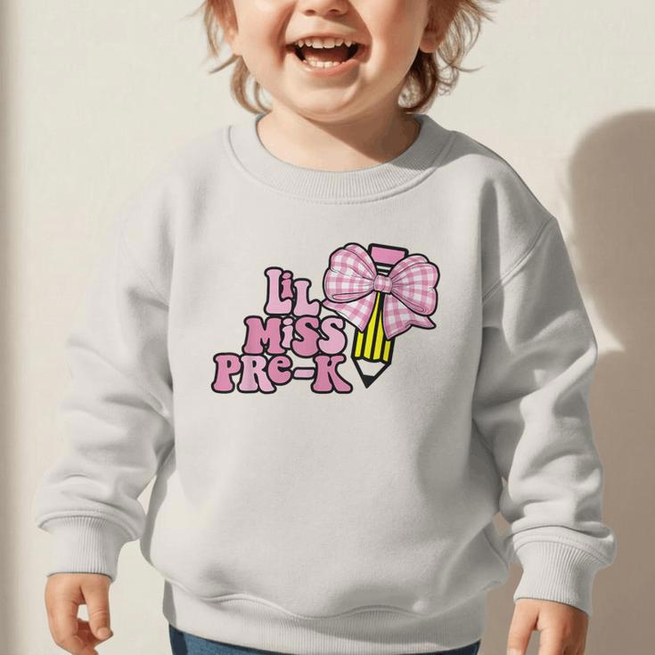 LiL Miss Pre-K Back To School Girls Coquette Bow First Day Graphic Toddler Sweatshirt LiL Miss Pre-K Back To School Girls Coquette Bow First Day Graphic Toddler Sweatshirt