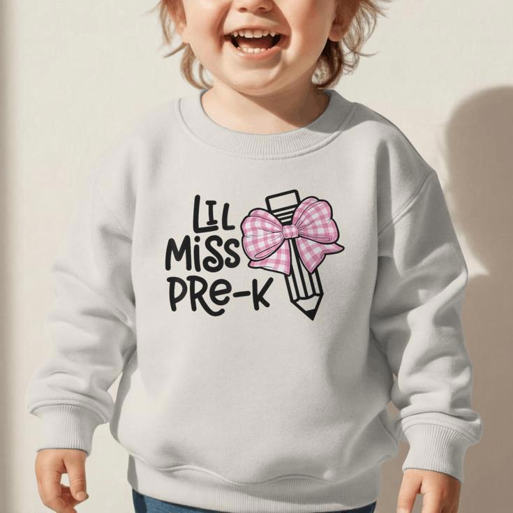 LiL Miss Pre-K Cute Back To School Pink Y2k Coquette Bow Graphic Toddler Sweatshirt LiL Miss Pre-K Cute Back To School Pink Y2k Coquette Bow Graphic Toddler Sweatshirt