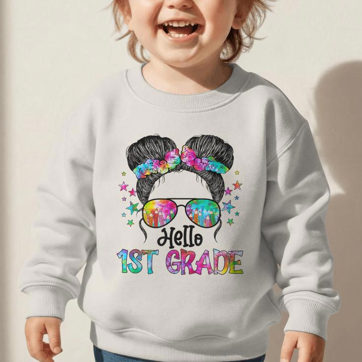 Messy Hair Bun Girl Back To School First Day Hello 1st Grade Graphic Toddler Sweatshirt Messy Hair Bun Girl Back To School First Day Hello 1st Grade Graphic Toddler Sweatshirt