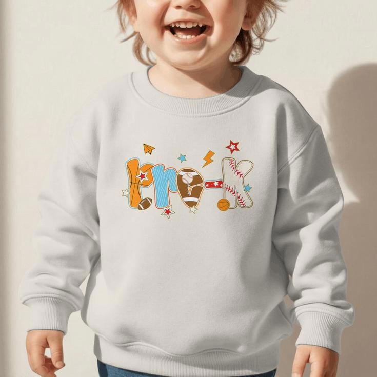 Pre K Preschool Football Basketball Baseball Back To School Graphic Toddler Sweatshirt Pre K Preschool Football Basketball Baseball Back To School Graphic Toddler Sweatshirt