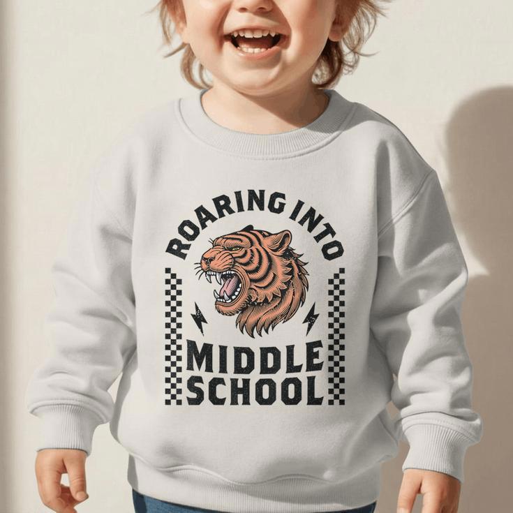 Roaring Into Middle School Tiger Back To School Boy Girl Kid Graphic Toddler Sweatshirt