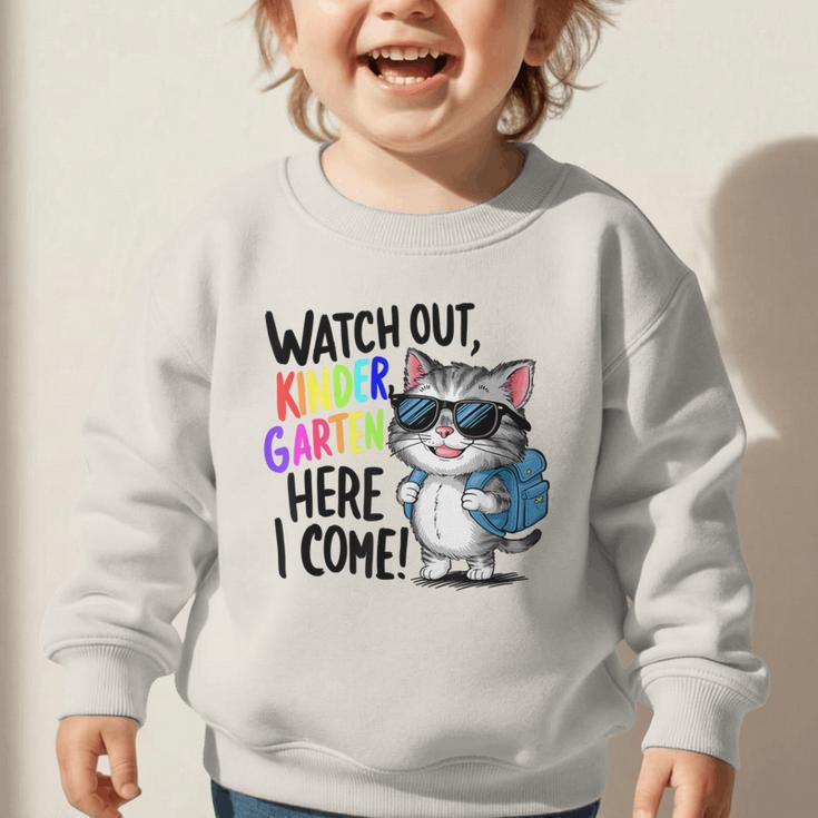 Watch Out Kindergarten Here I Come Cute Cat Back To School Graphic Toddler Sweatshirt Watch Out Kindergarten Here I Come Cute Cat Back To School Graphic Toddler Sweatshirt