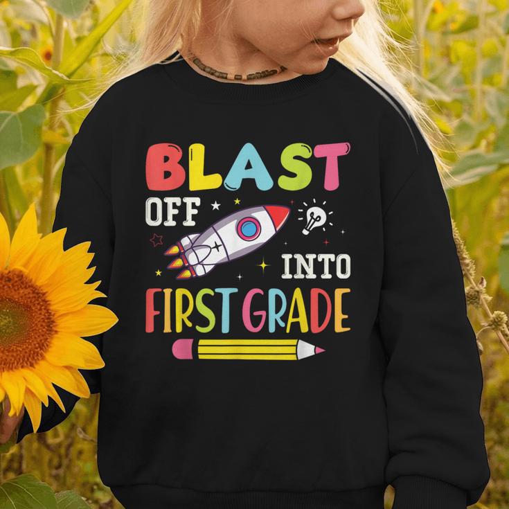 Blast Off Into First Grade Back To School Kids Rocket Space Graphic Toddler Sweatshirt