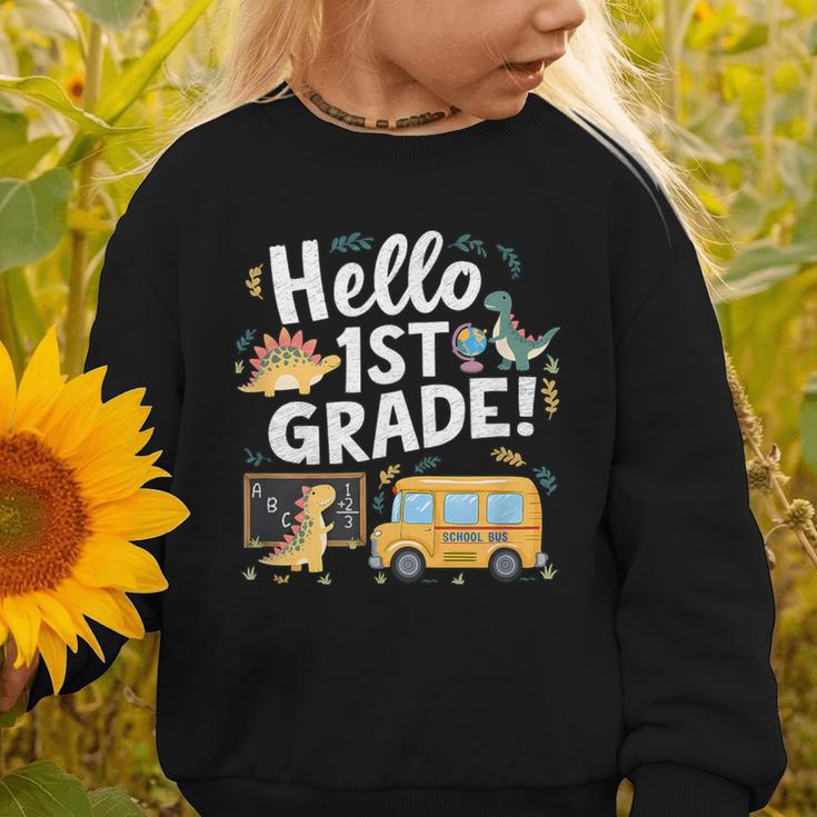 Cute Hello 1st Grade Dinosaur School Back To School Dino Bus Graphic Toddler Sweatshirt