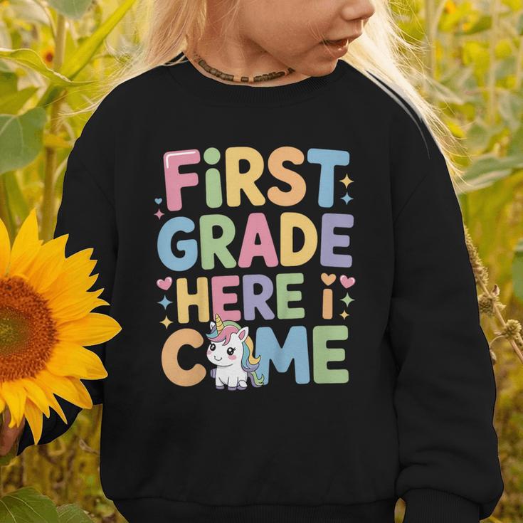 First Grade Here I Come Unicorn Back To School Graphic Toddler Sweatshirt First Grade Here I Come Unicorn Back To School Graphic Toddler Sweatshirt
