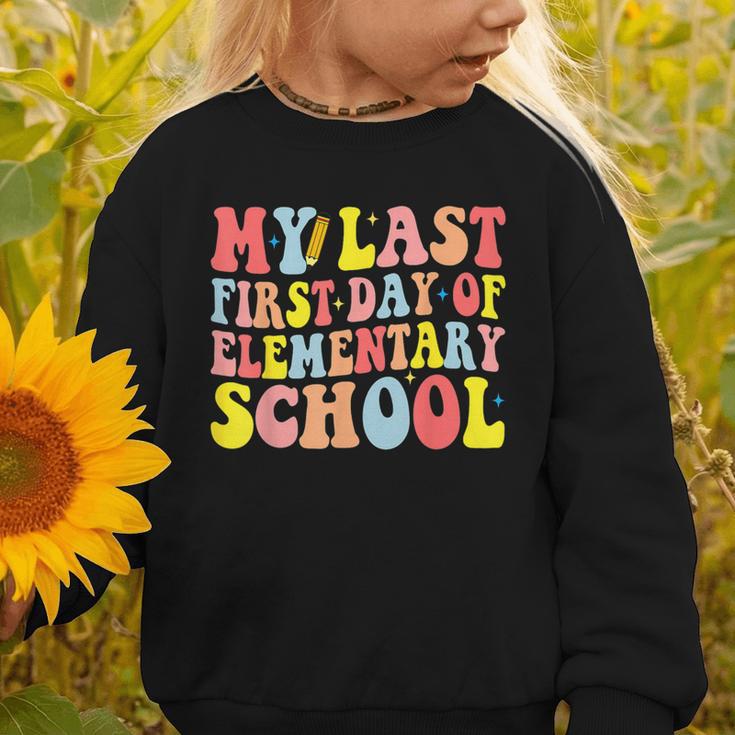 My Last First Day Of Elementary School Groovy Back To School Graphic Toddler Sweatshirt My Last First Day Of Elementary School Groovy Back To School Graphic Toddler Sweatshirt