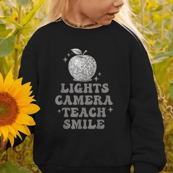 Lights Camera Teach Smile Disco-Ball Back To School Outfit Graphic Toddler Sweatshirt Lights Camera Teach Smile Disco-Ball Back To School Outfit Graphic Toddler Sweatshirt
