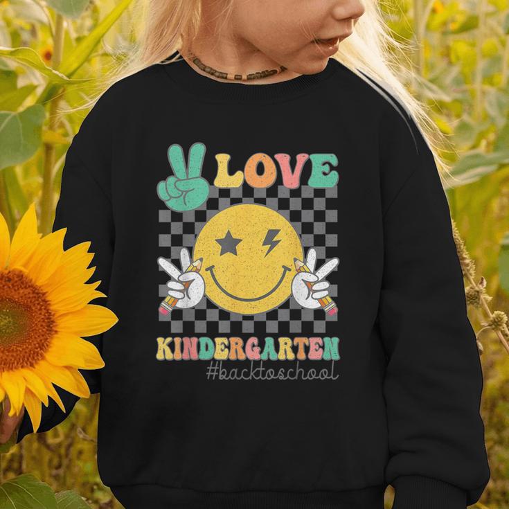Peace Love Kindergarten Smile Face Hippie Back To School Graphic Toddler Sweatshirt Peace Love Kindergarten Smile Face Hippie Back To School Graphic Toddler Sweatshirt