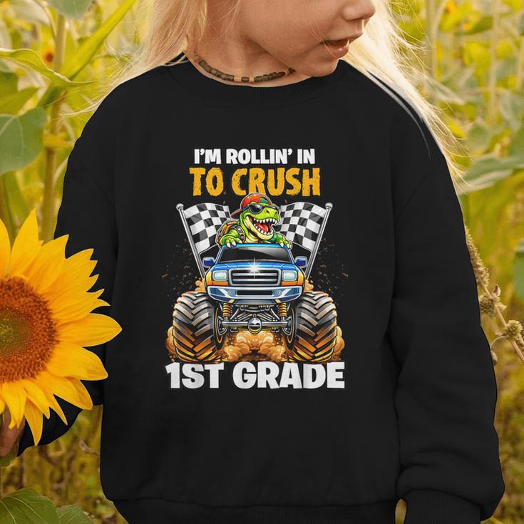 Rollin Crush Dinosaur Monster Truck Back To School 1st Grade Graphic Toddler Sweatshirt
