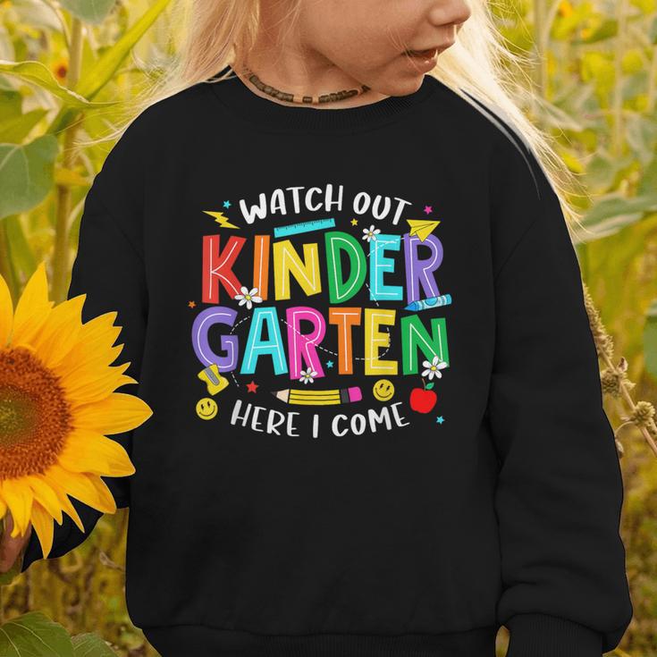 Watch Out Kindergarten Here I Come Kinder Back To School Kid Graphic Toddler Sweatshirt Watch Out Kindergarten Here I Come Kinder Back To School Kid Graphic Toddler Sweatshirt