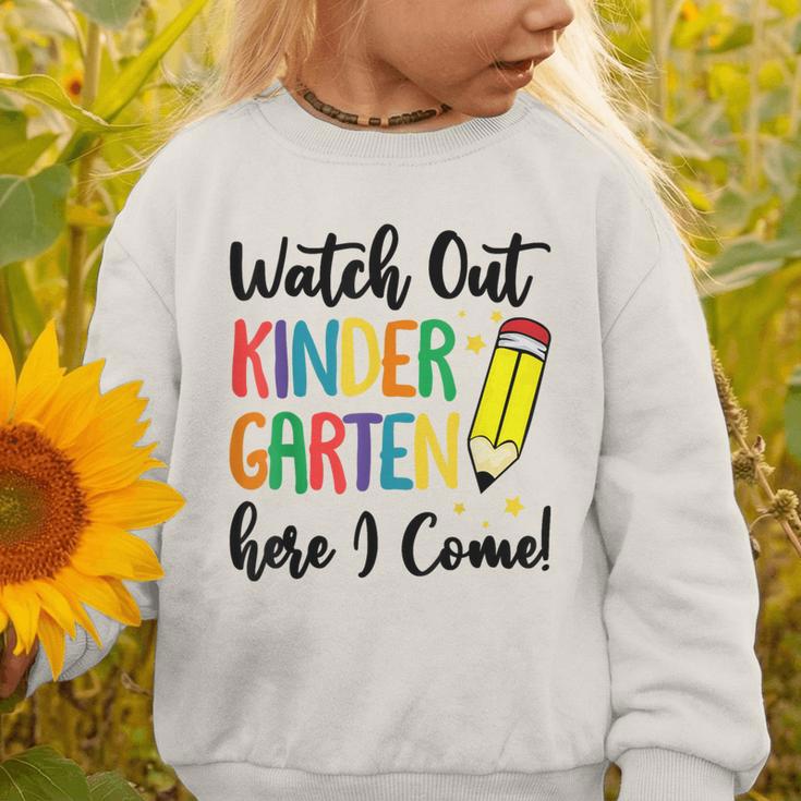 Back To School Kids Watch Out Kindergarten Here I Come Graphic Toddler Sweatshirt Back To School Kids Watch Out Kindergarten Here I Come Graphic Toddler Sweatshirt