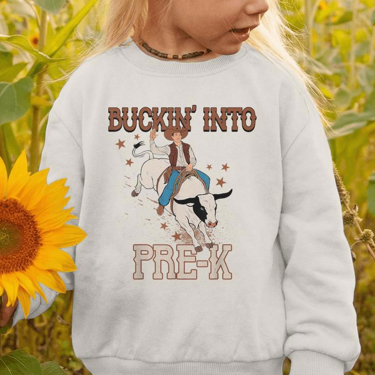 Buckin' Into Pre-K Back To School Cowboy Western Graphic Toddler Sweatshirt Buckin' Into Pre-K Back To School Cowboy Western Graphic Toddler Sweatshirt