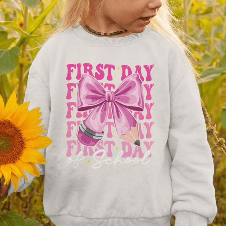 First Day Of School Girls Coquette Bow Back To School Performance Graphic Toddler Sweatshirt First Day Of School Girls Coquette Bow Back To School Performance Graphic Toddler Sweatshirt