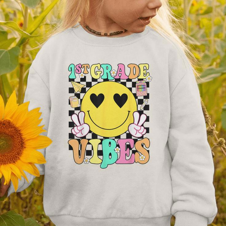 Girls 1st Grade Vibes Smile Face Back To School First Grade Graphic Toddler Sweatshirt Girls 1st Grade Vibes Smile Face Back To School First Grade Graphic Toddler Sweatshirt